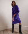 Silk Pleated Front Tie Neck Dress, Purple | Really Wild Clothing | Model Front