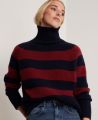 Cashmere Stripe Roll Neck Jumper, Navy Blue Maroon | Really Wild | Model Campaign