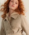 Belted Houndstooth Check Wool Coat, Taupe Dogtooth |    Tweed Coat | Really Wild | Model Close up 