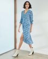 Abbey Floral Print Silk Midi V-neck Dress, Blue | Really Wild Clothing | Model Image Front